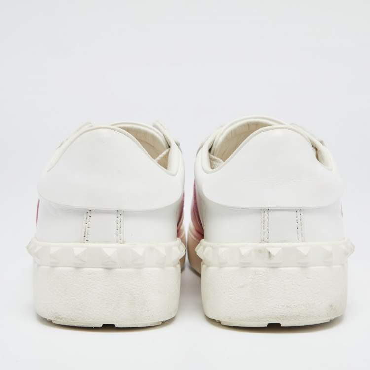 Pre Owned Valentino White/Pink Leather Rockstud Lace Up  Sneakers Size 37.5