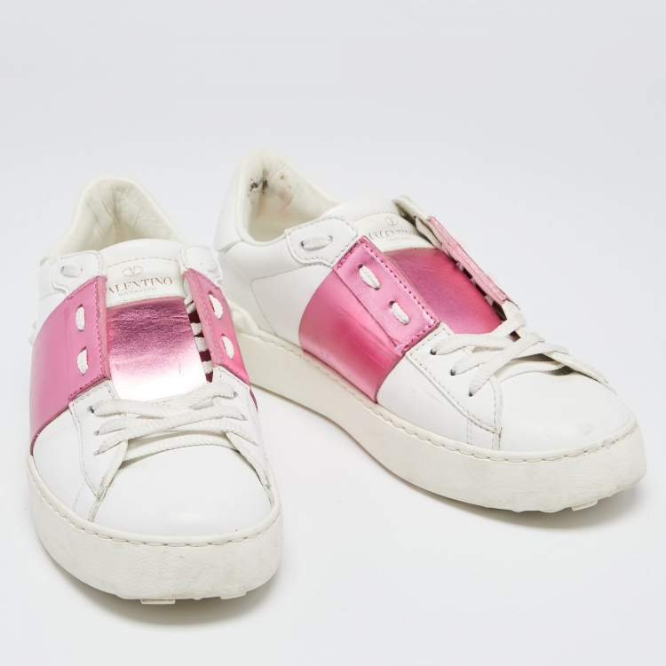 Pre Owned Valentino White/Pink Leather Rockstud Lace Up  Sneakers Size 37.5