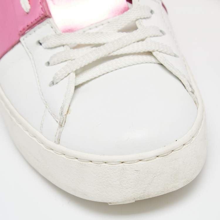 Pre Owned Valentino White/Pink Leather Rockstud Lace Up  Sneakers Size 37.5