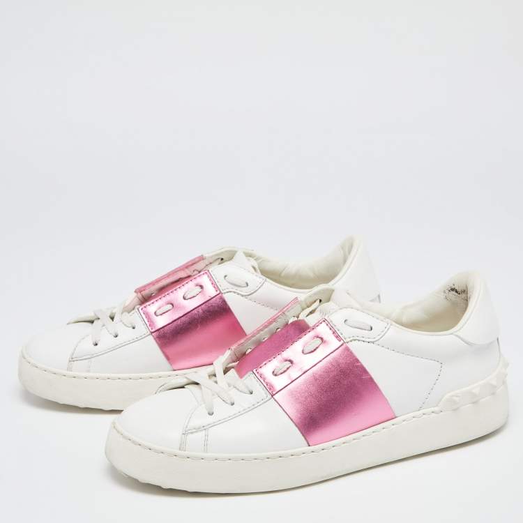 Pre Owned Valentino White/Pink Leather Rockstud Lace Up  Sneakers Size 37.5