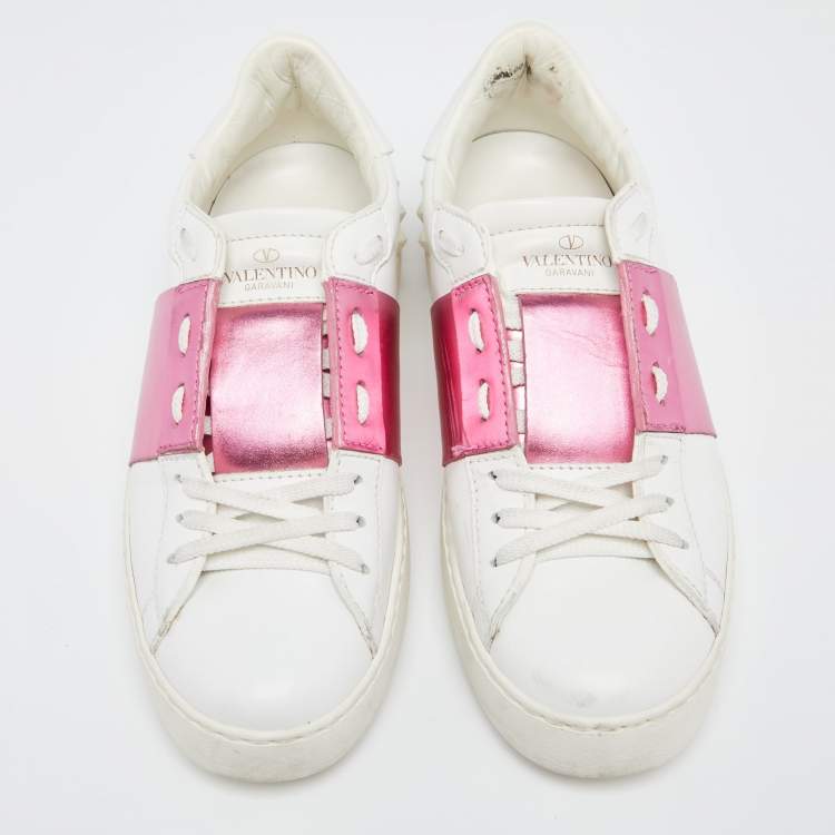 Pre Owned Valentino White/Pink Leather Rockstud Lace Up  Sneakers Size 37.5