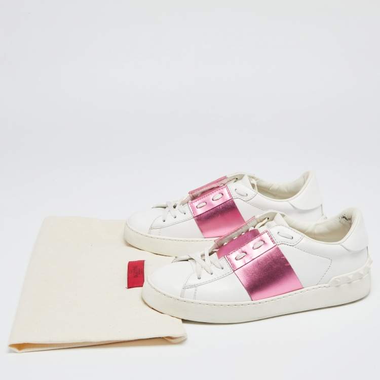 Pre Owned Valentino White/Pink Leather Rockstud Lace Up  Sneakers Size 37.5