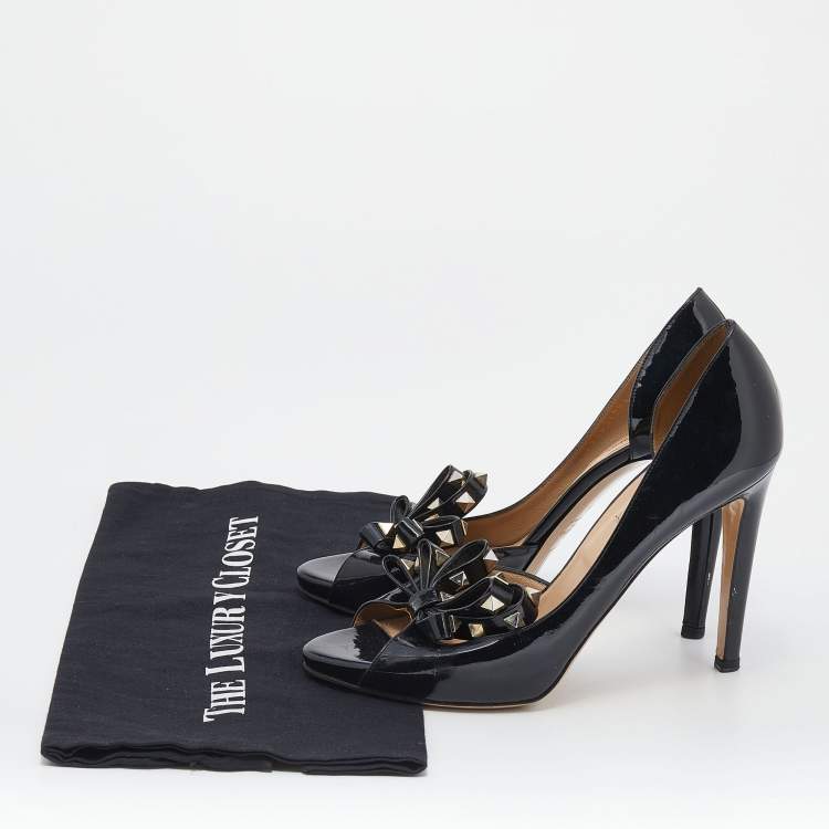 Pre Owned Valentino Black Patent Leather Bow Rockstud D'orsay Pumps Size 39