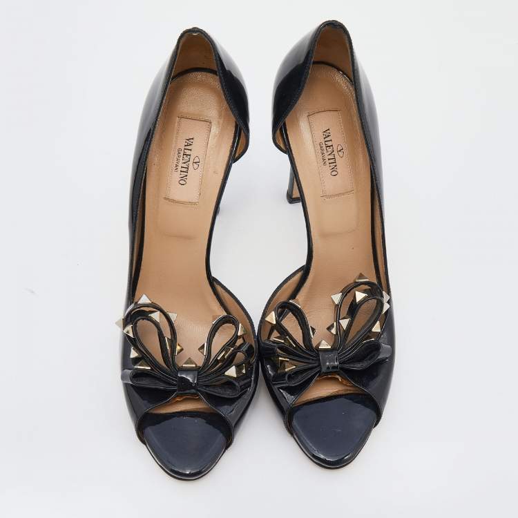 Pre Owned Valentino Black Patent Leather Bow Rockstud D'orsay Pumps Size 39