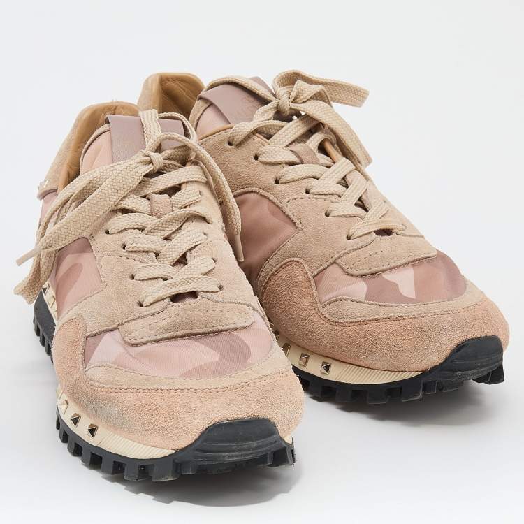 Pre Owned Valentino Multicolor Camouflage Nylon And Suede Rockrunner Low Top Sneakers Size 37