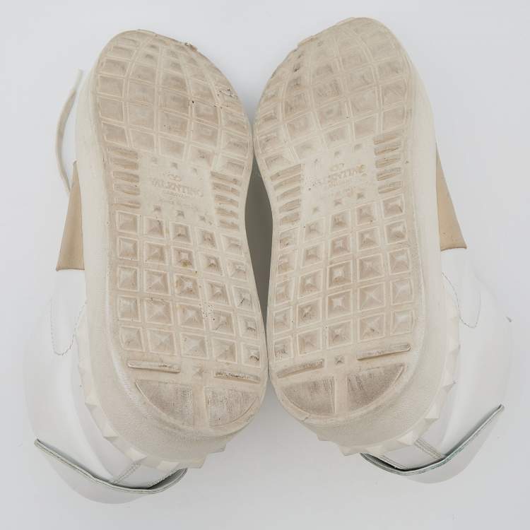 Pre Owned Valentino White/Gold Leather Rockstud Lace Up Sneakers Size 38