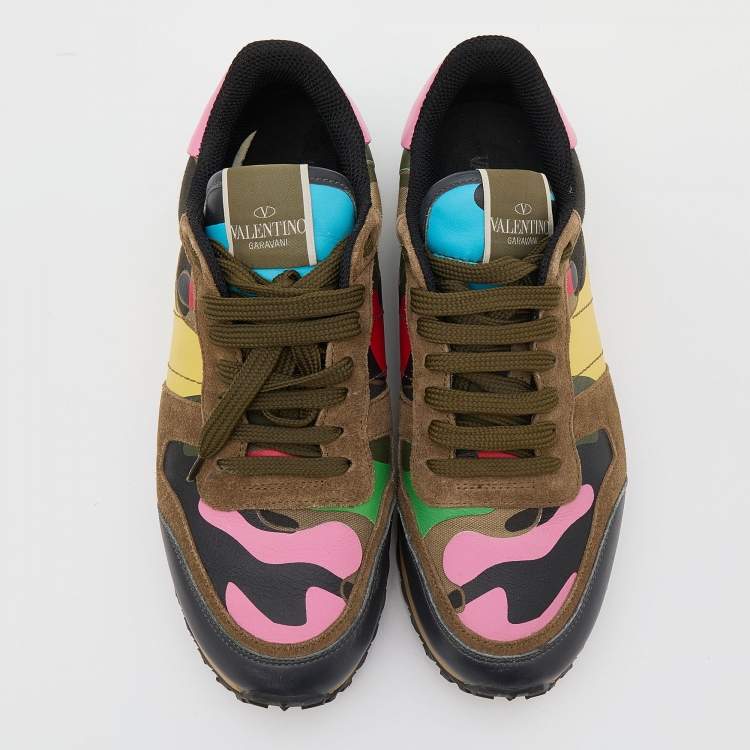 Pre Owned Valentino Multicolor Camouflage Leather And Suede Rockrunner Low Top Sneakers Size 38