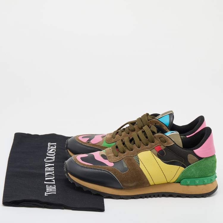 Pre Owned Valentino Multicolor Camouflage Leather And Suede Rockrunner Low Top Sneakers Size 38
