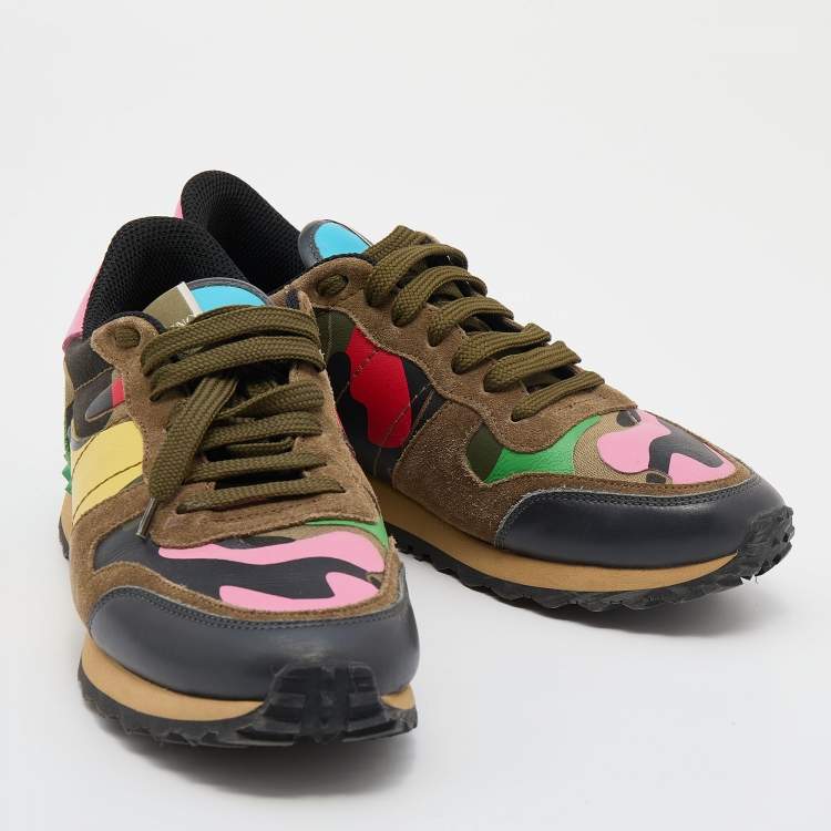 Pre Owned Valentino Multicolor Camouflage Leather And Suede Rockrunner Low Top Sneakers Size 38