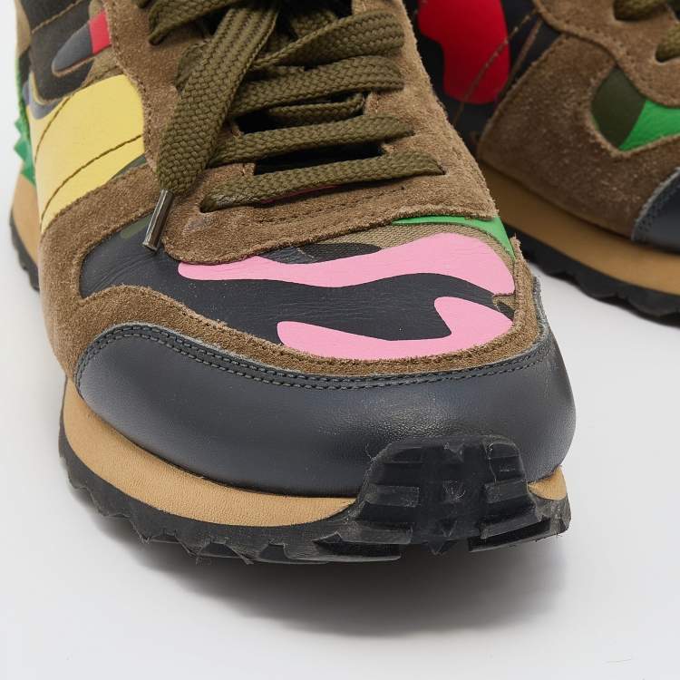 Pre Owned Valentino Multicolor Camouflage Leather And Suede Rockrunner Low Top Sneakers Size 38