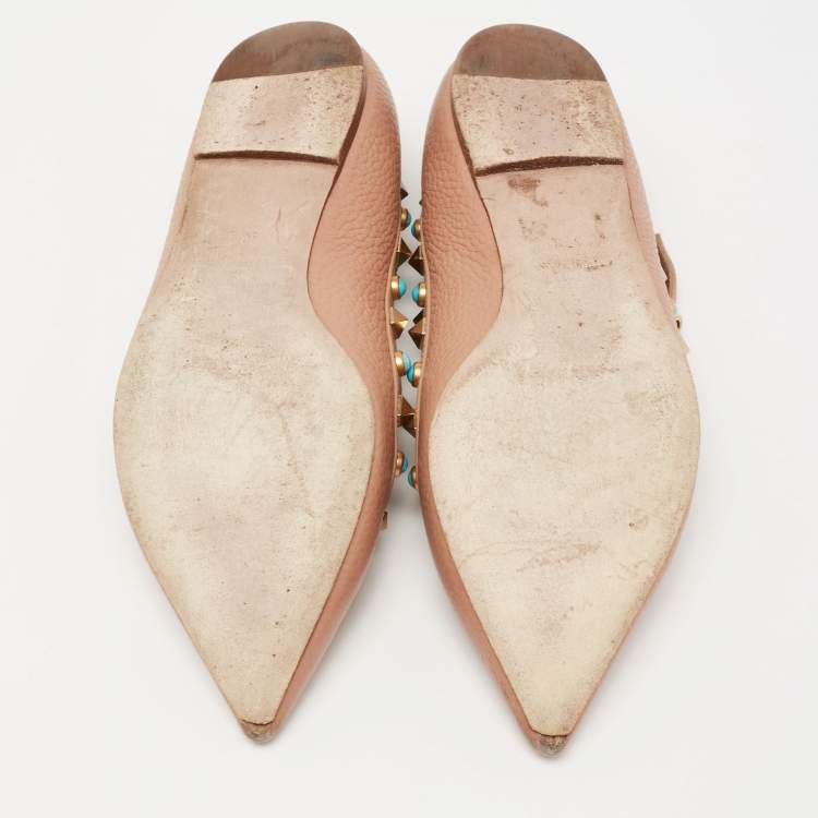 Pre Owned Valentino Beige Leather Rolling Rockstud T-Strap Ballet Flats Size 37.5