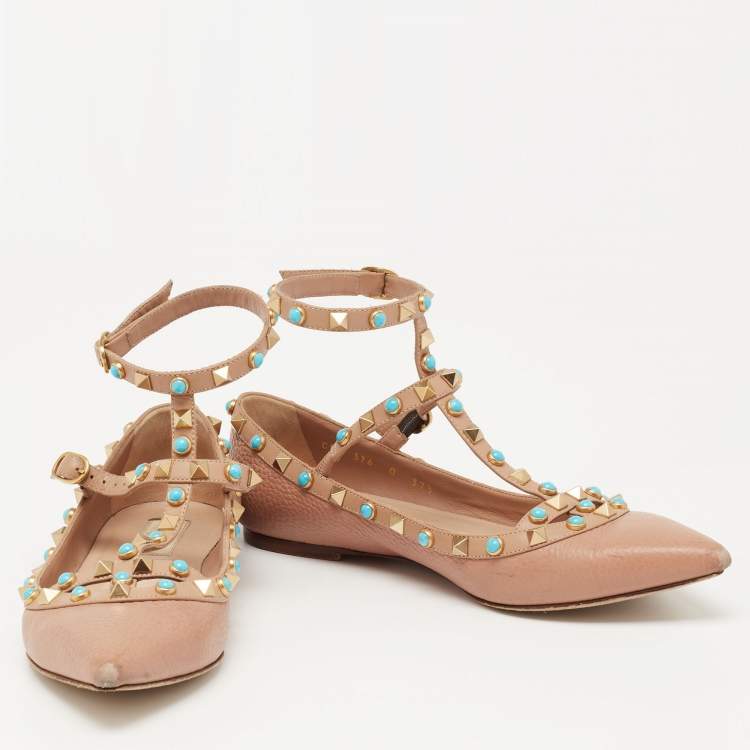 Pre Owned Valentino Beige Leather Rolling Rockstud T-Strap Ballet Flats Size 37.5