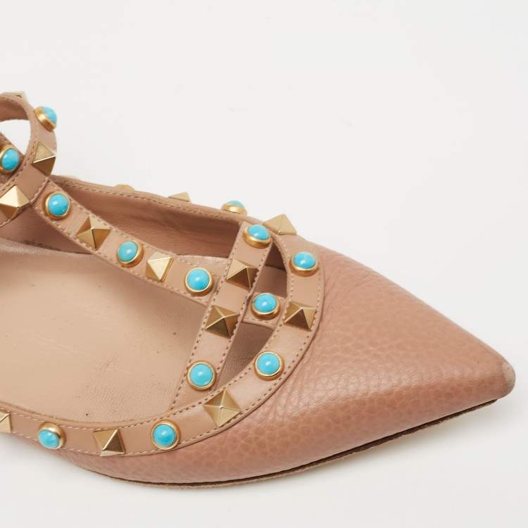 Pre Owned Valentino Beige Leather Rolling Rockstud T-Strap Ballet Flats Size 37.5