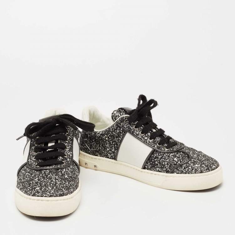 مملوكة مسبقًا Valentino Black/White Glitter and Leather Fly Crew Low Top Sneakers Size 37.5