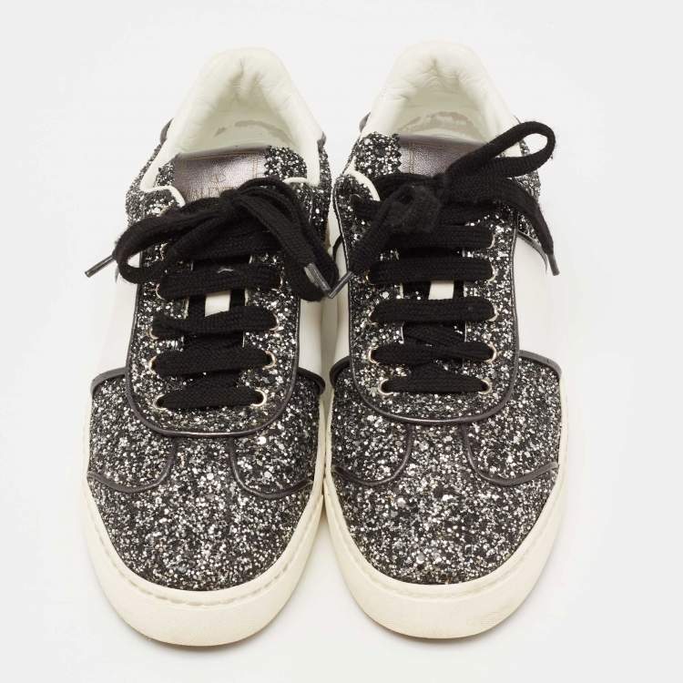مملوكة مسبقًا Valentino Black/White Glitter and Leather Fly Crew Low Top Sneakers Size 37.5