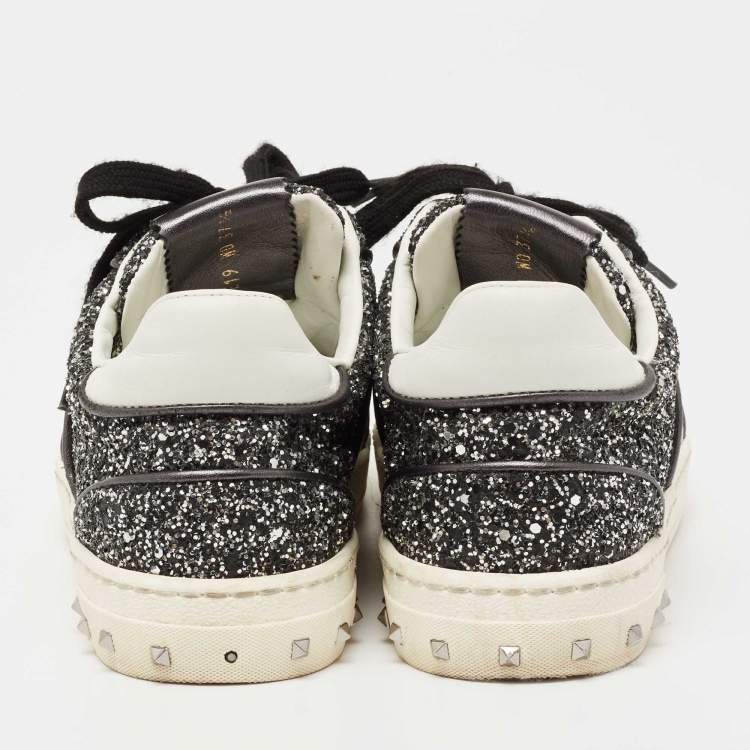 مملوكة مسبقًا Valentino Black/White Glitter and Leather Fly Crew Low Top Sneakers Size 37.5