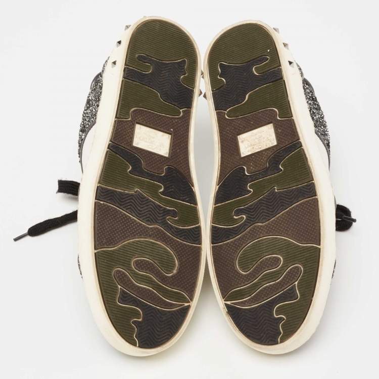 مملوكة مسبقًا Valentino Black/White Glitter and Leather Fly Crew Low Top Sneakers Size 37.5