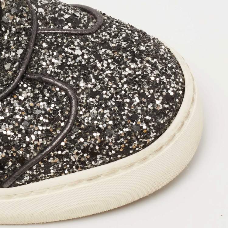 مملوكة مسبقًا Valentino Black/White Glitter and Leather Fly Crew Low Top Sneakers Size 37.5