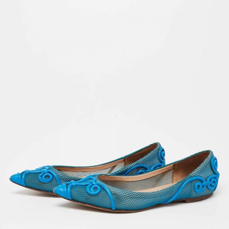 Pre Owned Valentino Navy Blue Mesh And Leather Ballet  Flats Size 38