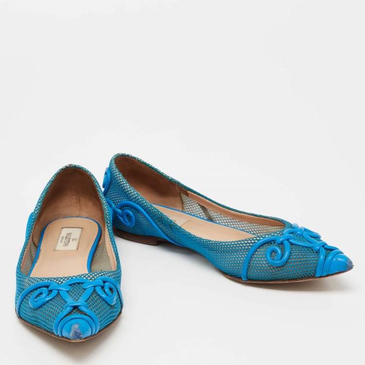 Pre Owned Valentino Navy Blue Mesh And Leather Ballet  Flats Size 38