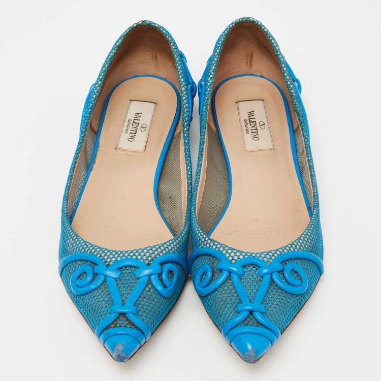 Pre Owned Valentino Navy Blue Mesh And Leather Ballet  Flats Size 38