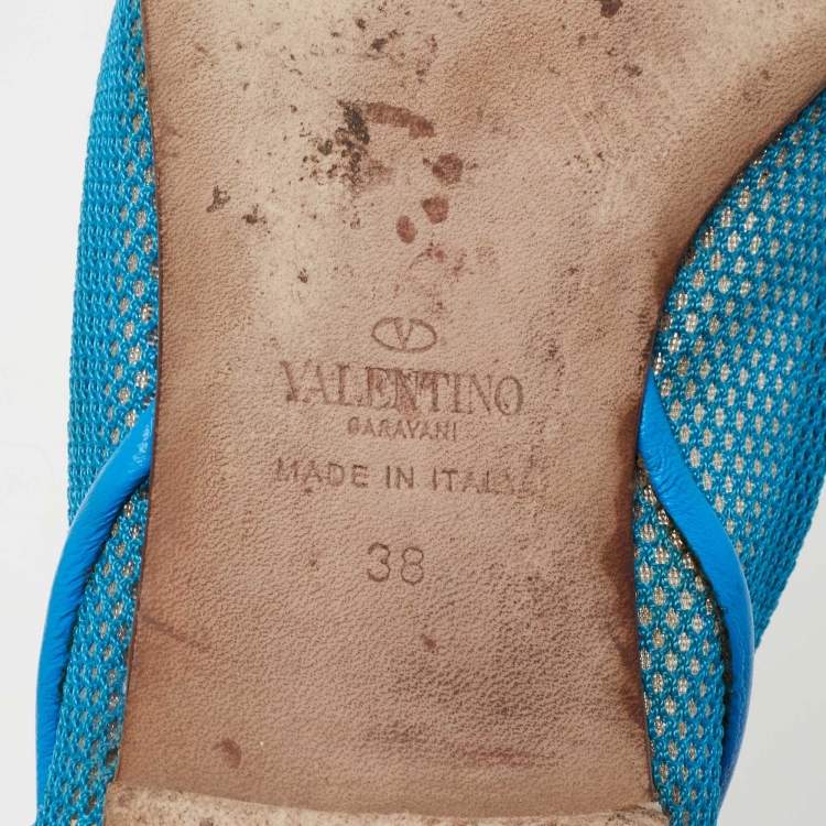 Pre Owned Valentino Navy Blue Mesh And Leather Ballet  Flats Size 38