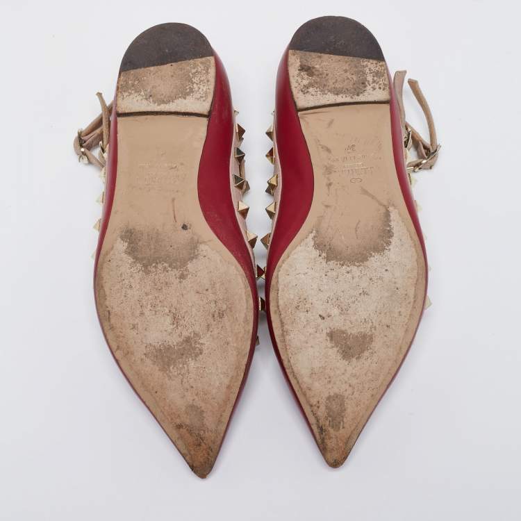 Pre Owned Valentino Burgundy/Pink Leather Rockstud Ankle-Strap Ballet Flats Size 37