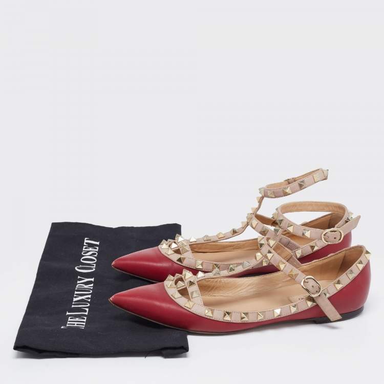 Pre Owned Valentino Burgundy/Pink Leather Rockstud Ankle-Strap Ballet Flats Size 37