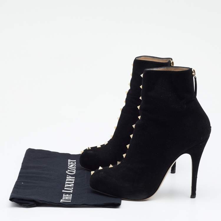 Pre Owned Valentino Black Suede Rockstud Ankle Length Boots Size 38