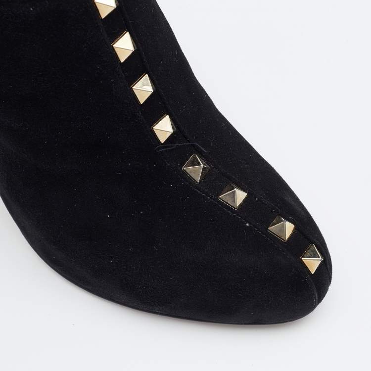 Pre Owned Valentino Black Suede Rockstud Ankle Length Boots Size 38