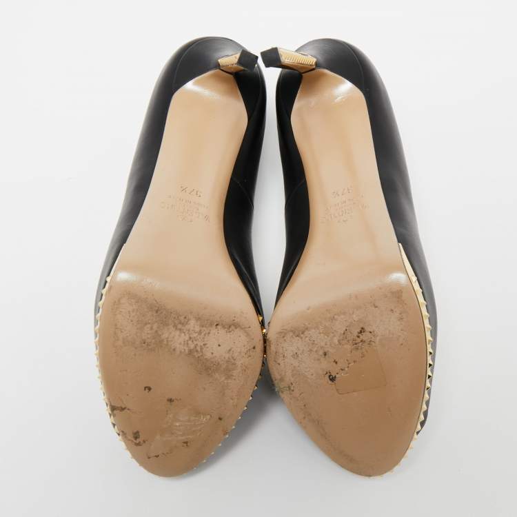 Pre Owned Valentino Black Leather Studded Heel and Platform Peep-Toe Pumps Size 37.5