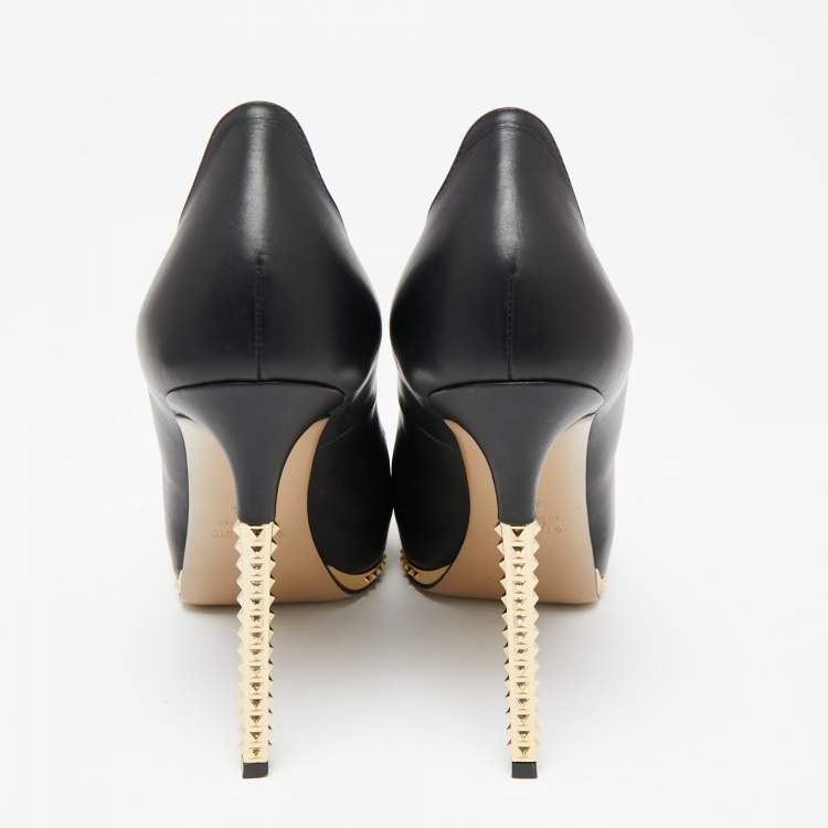 Pre Owned Valentino Black Leather Studded Heel and Platform Peep-Toe Pumps Size 37.5