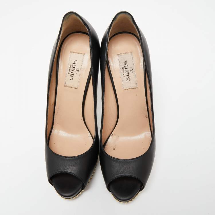 Pre Owned Valentino Black Leather Studded Heel and Platform Peep-Toe Pumps Size 37.5