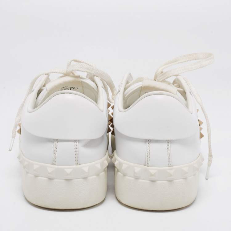 Pre Owned Valentino White Leather Rockstud lace Up Sneakers Size 39.5