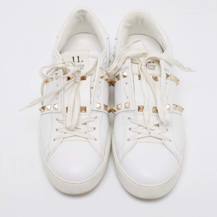 Pre Owned Valentino White Leather Rockstud lace Up Sneakers Size 39.5