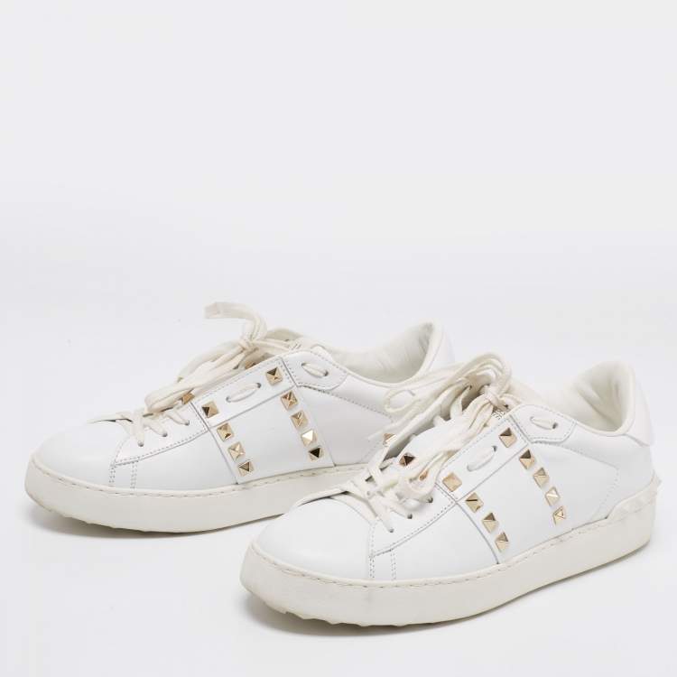 Pre Owned Valentino White Leather Rockstud lace Up Sneakers Size 39.5