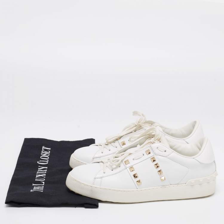 Pre Owned Valentino White Leather Rockstud lace Up Sneakers Size 39.5