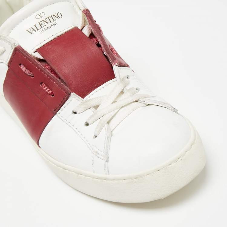 Pre Owned Valentino White/Burgundy Leather Low Top Sneakers Size 39 