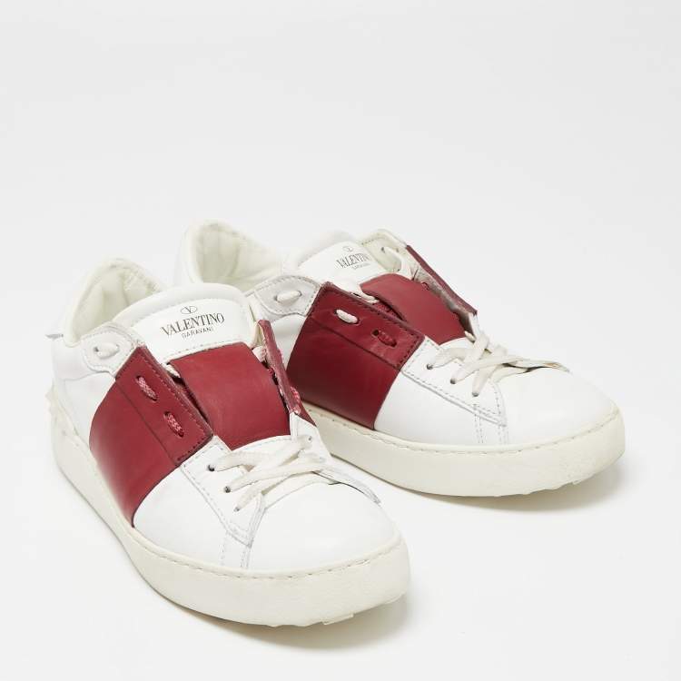 Pre Owned Valentino White/Burgundy Leather Low Top Sneakers Size 39 