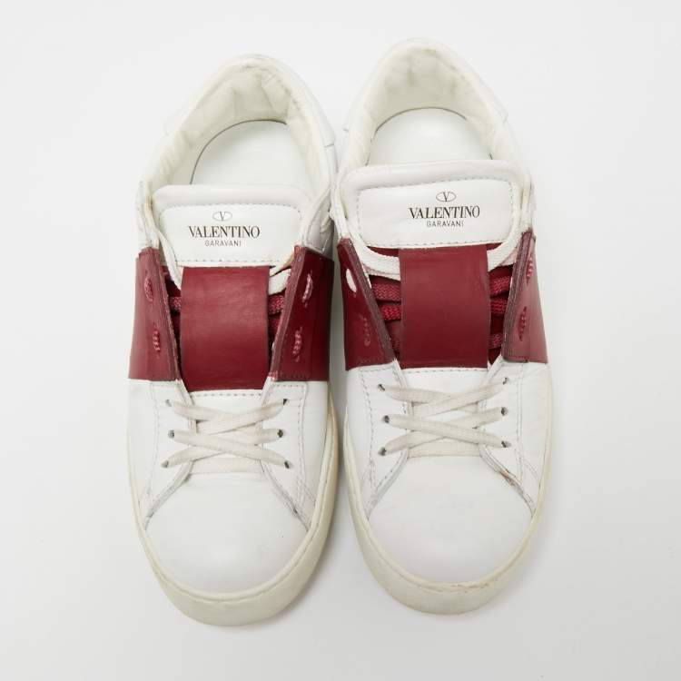 Pre Owned Valentino White/Burgundy Leather Low Top Sneakers Size 39 