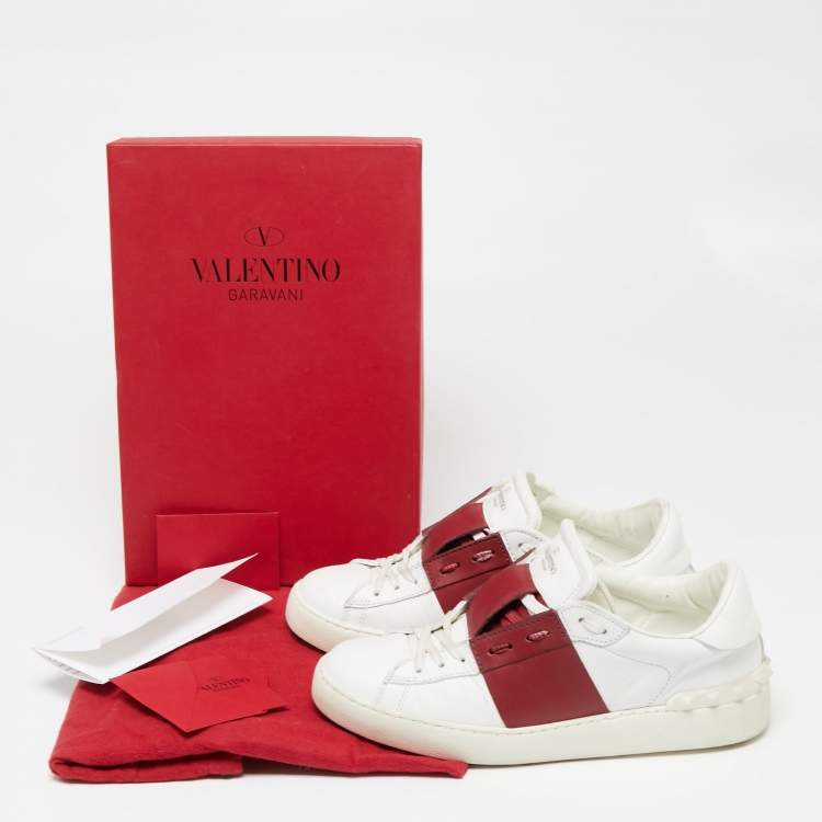 Pre Owned Valentino White/Burgundy Leather Low Top Sneakers Size 39 