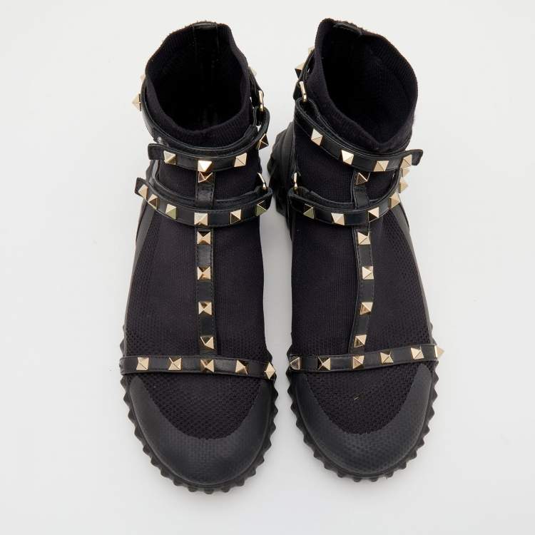 Pre Owned Valentino Black Knit Fabric and Leather Rockstud Bodytech High Top Sneakers Size 39.5