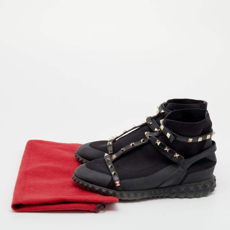 Pre Owned Valentino Black Knit Fabric and Leather Rockstud Bodytech High Top Sneakers Size 39.5