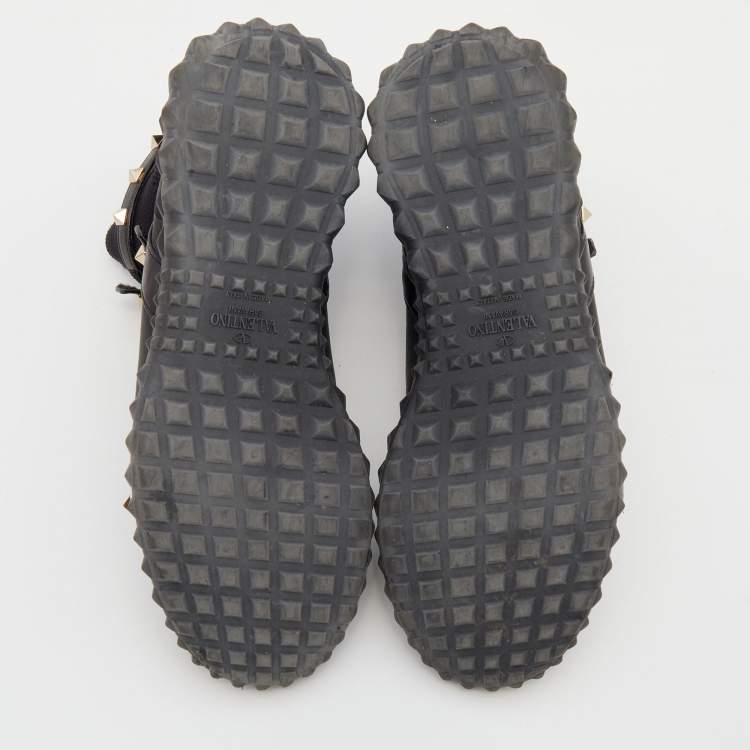 Pre Owned Valentino Black Knit Fabric and Leather Rockstud Bodytech High Top Sneakers Size 39.5