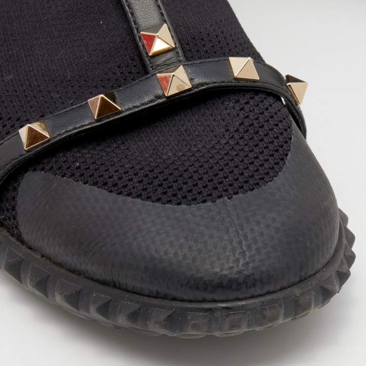 Pre Owned Valentino Black Knit Fabric and Leather Rockstud Bodytech High Top Sneakers Size 39.5