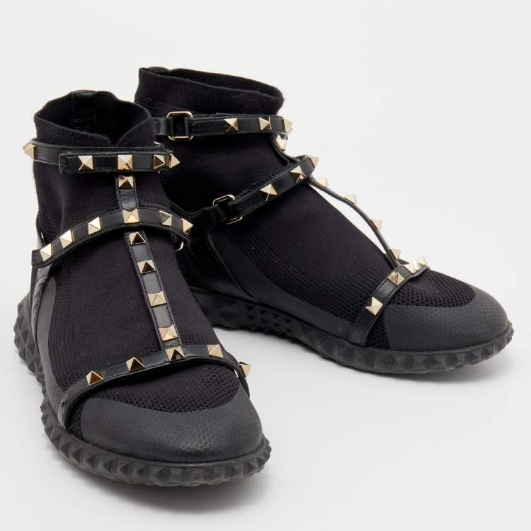 Pre Owned Valentino Black Knit Fabric and Leather Rockstud Bodytech High Top Sneakers Size 39.5
