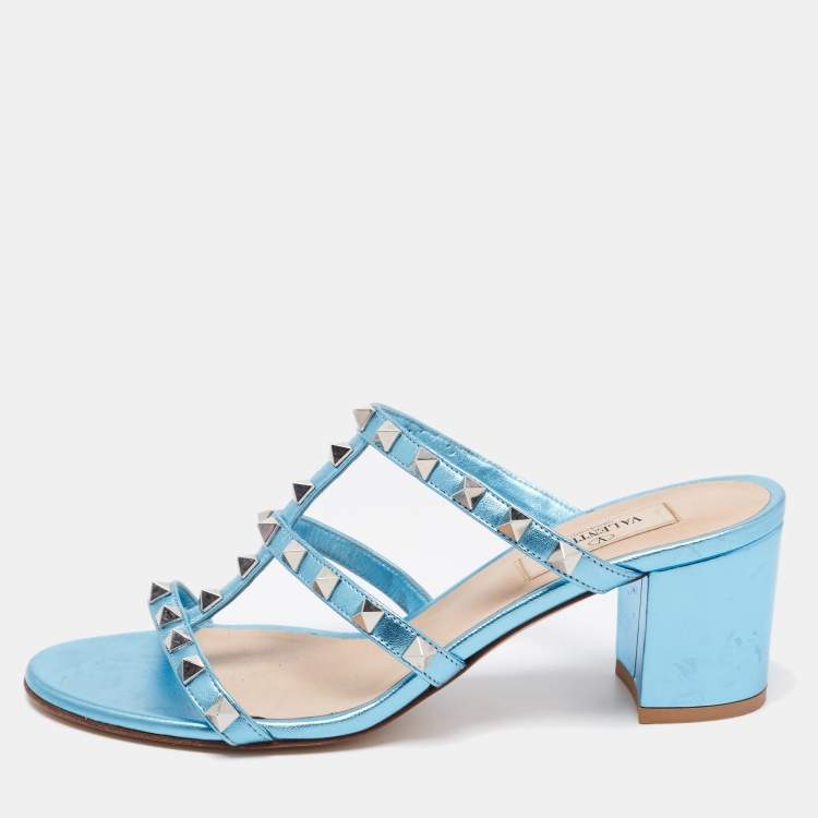 Valentino Metallic Blue Leather Rockstud Slide Sandals Size