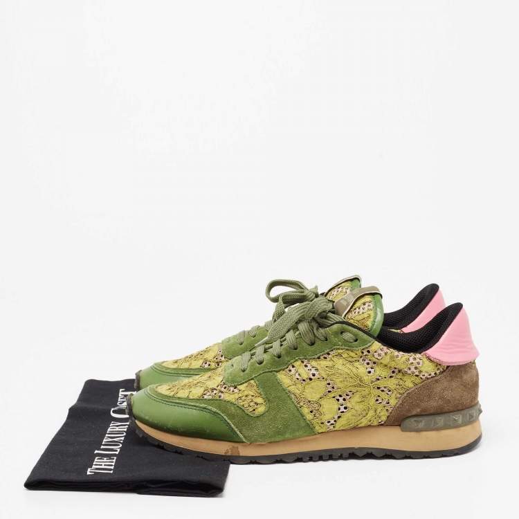 Pre Owned Valentino Multicolor Leather And Lace Rockrunner Sneakers Size 40