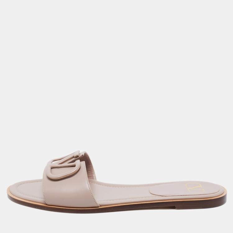 Valentino Beige Leather VLogo Flat Sandals Size 40 Valentino | The ...