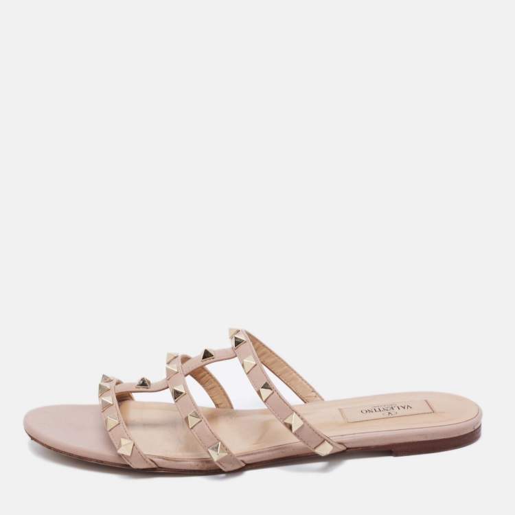 Valentino Beige Leather Rockstud Flat Sandals Size Valentino